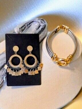 Lot Of 3 - Crossbody Strap/Earrings/Bracelet- All In Gold & Silver